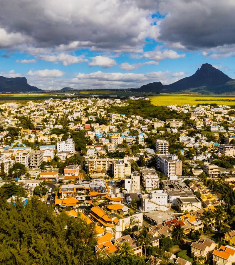 Panoramic view from above of the town and mountains on the island of Mauritius, Mauritius Island